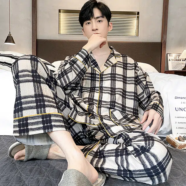 眠趣  休闲简约高级时尚宽松大码 舒适柔软亲肤透气格子 长袖长裤开衫翻领 家居服学生宿舍居家 可外穿 睡衣套装 男款 黑白色