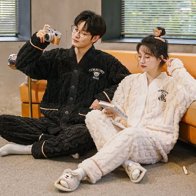 眠趣 睡衣可外穿简约时尚可爱亲肤舒适柔软 情侣睡衣家居服 长袖套装 加绒加厚舒适保暖家居服 家居套装  学生男女秋冬