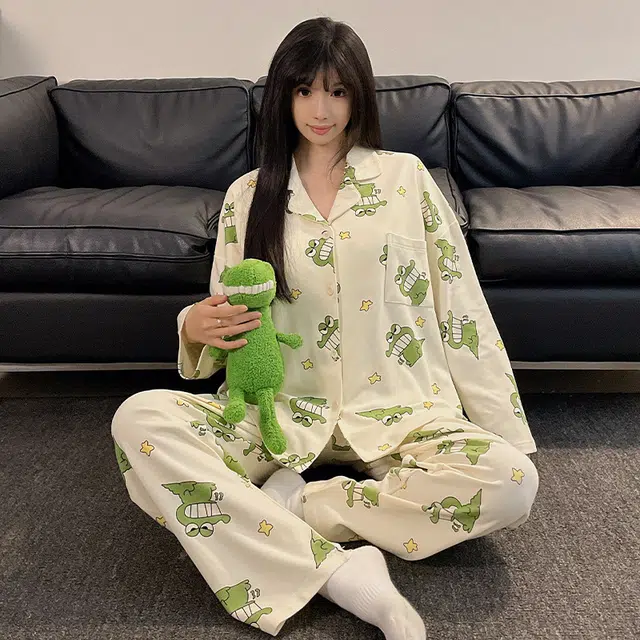 眠趣 卡通可爱简约休闲学院风小清新 长袖长裤开衫翻领 家居服 高级时尚韩版宽松大码 学生宿舍居家 可外穿 睡衣套装 女款 白色