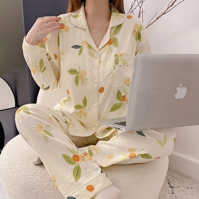 眠趣 云朵棉中国风休闲简约舒适透气 带胸垫 长袖长裤开衫翻领 家居服甜妹学院风小清新文艺学生宿舍居家 可外穿 睡衣套装 女款 杏色