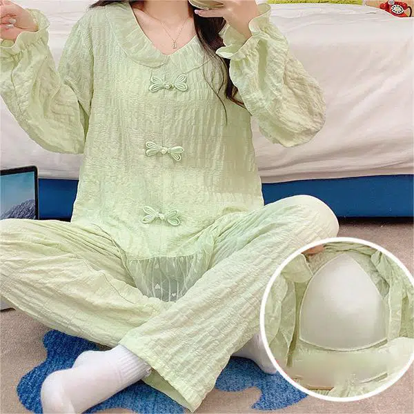 眠趣 中国风印花简约舒适大气云朵棉带胸垫 长袖长裤开衫翻领 家居服甜妹学院风小清新森系学生宿舍居家 可外穿 睡衣套装 女款 绿色