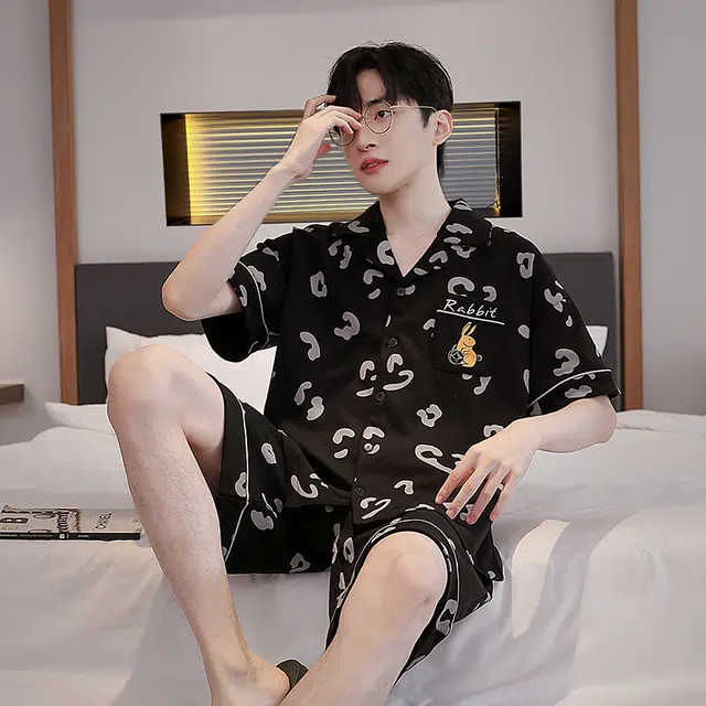 眠趣 家居服卡通亲肤舒适短袖短裤 清凉透气可外穿 夏天简约时尚大气 可爱风韩式 学生宿舍居家睡衣 男款 黑色