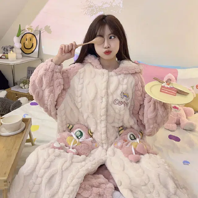 眠趣 家居服睡衣女士 家居套装 睡袍可外穿 加绒加厚保暖舒适 颜值高 甜美可爱小怪兽 居家学生女女款 睡衣睡袍
