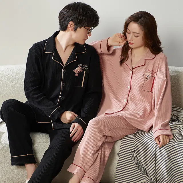 眠趣 可外穿睡衣女秋冬季棉质华夫格长袖韩版学生可爱卡通简约时尚高级风睡衣套装 男女同款