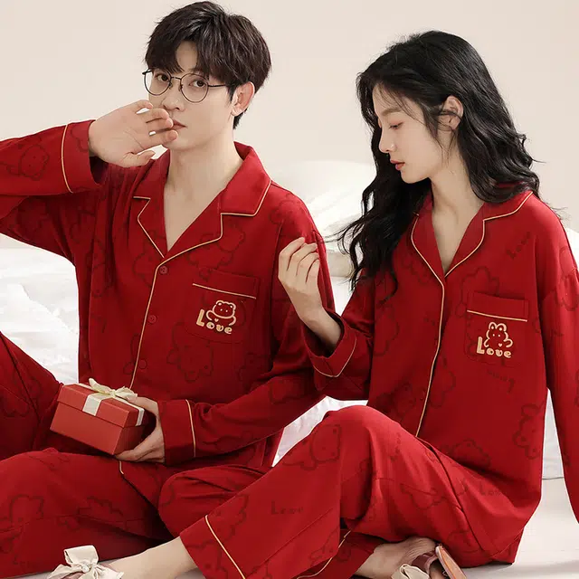 眠趣 红色本命年睡衣新年 秋冬棉质长袖红色新婚结婚 睡衣女男士喜庆本命年家居服套装睡衣套装 男女同款