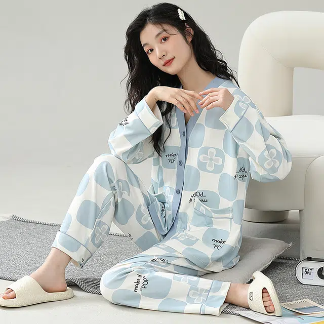 眠趣  小清新睡衣女秋冬棉质长袖长裤套装 韩版学生可爱家居服 睡衣时尚简约高级舒适亲肤 家居套装 可外穿 女款