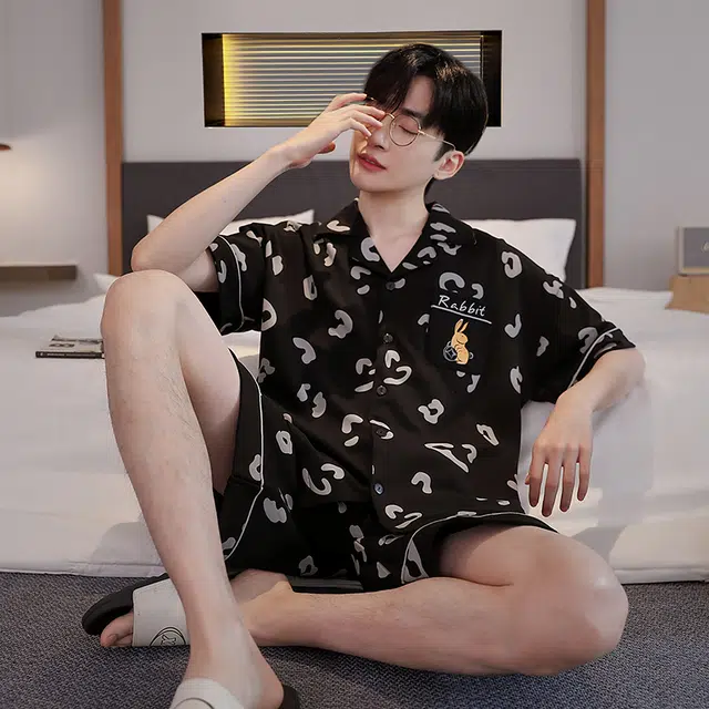 眠趣 家居服卡通亲肤舒适短袖短裤 清凉透气可外穿 夏天简约时尚大气 可爱风韩式 学生宿舍居家睡衣 男款 黑色
