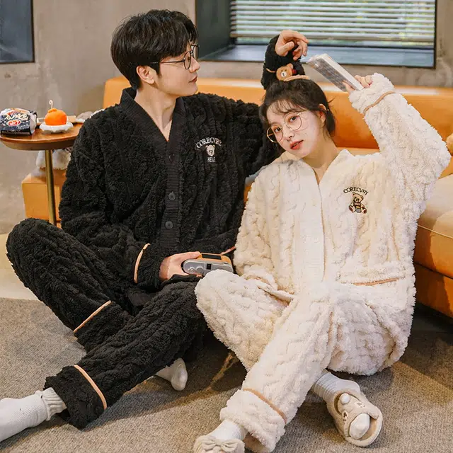 眠趣 睡衣可外穿简约时尚可爱亲肤舒适柔软 情侣睡衣家居服 长袖套装 加绒加厚舒适保暖家居服 家居套装  学生男女秋冬