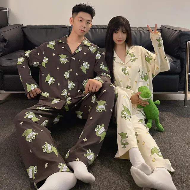 眠趣 创意卡通可爱简约休闲随性 长袖长裤开衫翻领 家居服 高级时尚韩版宽松大码 学生宿舍居家 可外穿 睡衣套装  男款 黑色