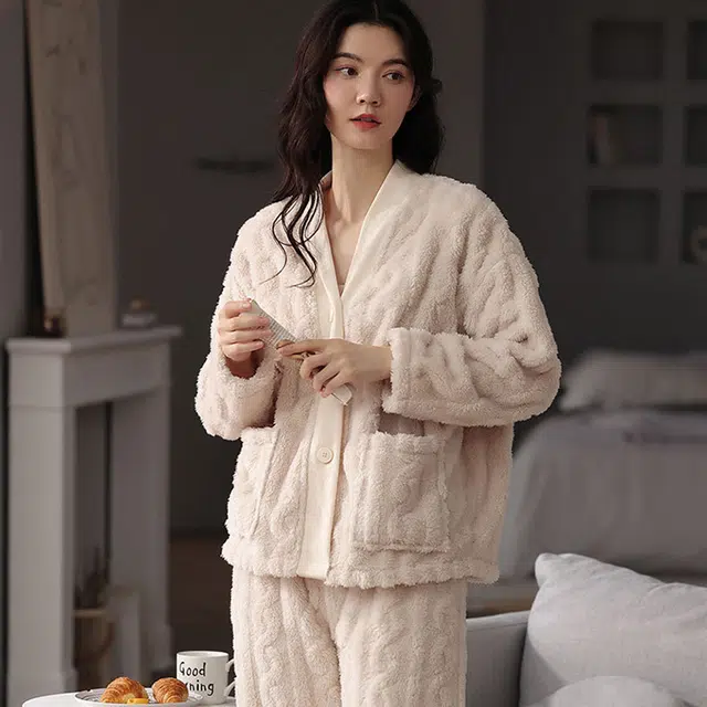 眠趣 睡衣家居服女 居家学生女士 秋冬 可爱白色小清新家居服 加绒保暖舒适 可外穿睡衣套装 女款
