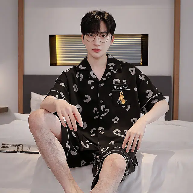 眠趣 家居服卡通亲肤舒适短袖短裤 清凉透气可外穿 夏天简约时尚大气 可爱风韩式 学生宿舍居家睡衣 男款 黑色
