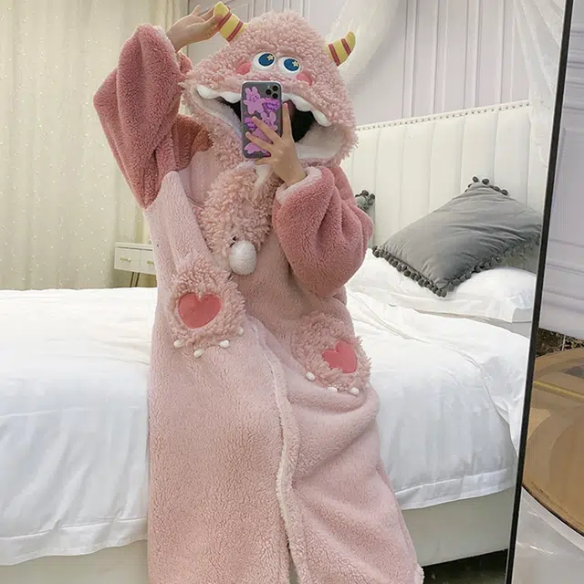 眠趣 家居服家居套装 可爱保暖加绒加厚时尚柔软情侣款 男士睡衣学生男士舒适时尚可爱睡衣 女款睡衣连帽睡袍睡裙配裤子