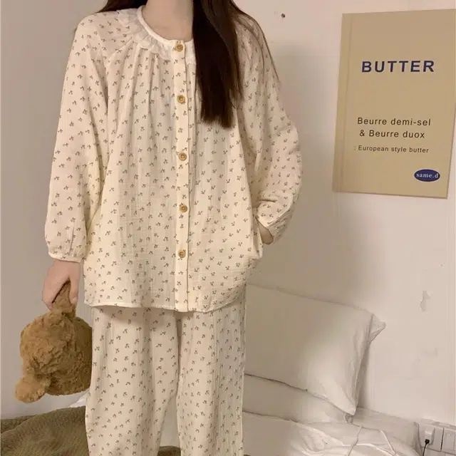 眠趣 圆领花边可爱高级韩系简约舒适透气百搭宽松家居服开衫长袖长裤 时尚大方学生宿舍居家可外穿 睡衣套装 女款 米色