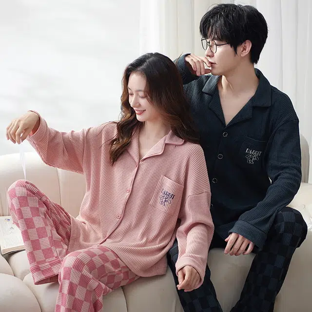 眠趣 可外穿睡衣女秋冬季棉质华夫格长袖韩版学生可爱卡通简约女士家居服 情侣睡衣男女家居套装 情侣款