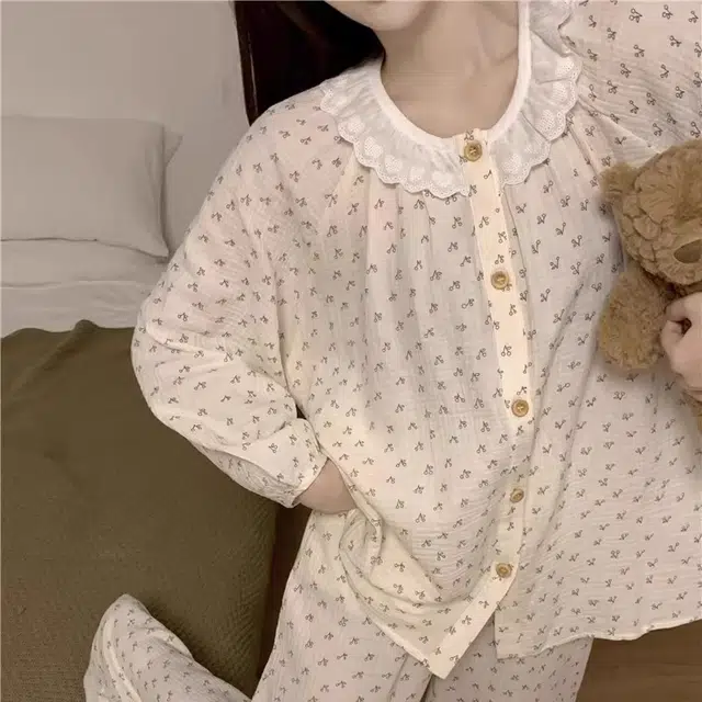 眠趣 圆领花边可爱高级韩系简约舒适透气百搭宽松家居服开衫长袖长裤 时尚大方学生宿舍居家可外穿 睡衣套装 女款 米色