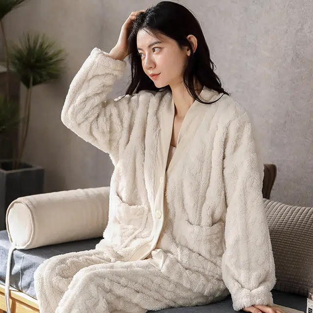 眠趣 睡衣家居服女 居家学生女士 秋冬 可爱白色小清新家居服 加绒保暖舒适 可外穿睡衣套装 女款