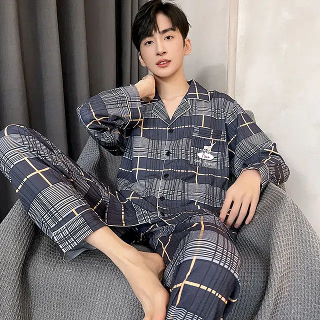 眠趣 休闲简约高时尚高级宽松大码 舒适柔软亲肤透气格子条纹 长袖长裤开衫翻领 家居服 学生宿舍居家 可外穿 睡衣套装 男款 深蓝色