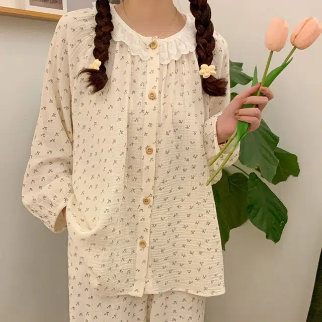 眠趣 圆领花边可爱高级韩系简约舒适透气百搭宽松家居服开衫长袖长裤 时尚大方学生宿舍居家可外穿 睡衣套装 女款 米色