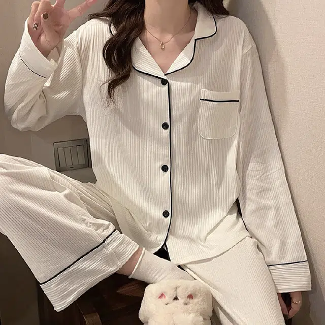 眠趣 时尚简约大方高级感睡衣套装长袖长裤开衫家居服学生宿舍居家可外穿 女款 白色