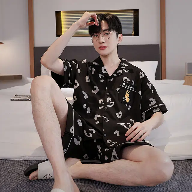 眠趣 家居服卡通亲肤舒适短袖短裤 清凉透气可外穿 夏天简约时尚大气 可爱风韩式 学生宿舍居家睡衣 男款 黑色
