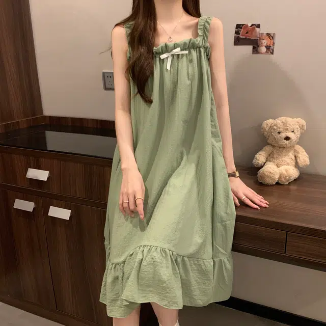 眠趣 带胸垫薄款简约纯色无袖吊带小清新少女感十足睡裙宿舍居家服可外穿 女款 薄荷绿