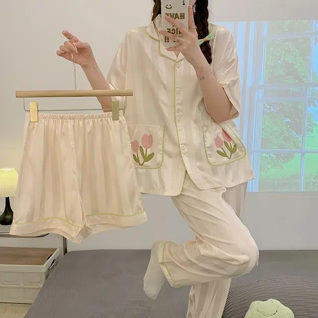眠趣 冰丝凉感裸感简约可外穿短袖亲肤舒适透气可外穿短袖短裤长裤 三件套学生宿舍居家睡衣套装 女款 郁金香黄色