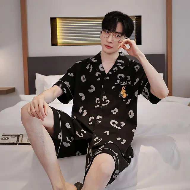 眠趣 家居服卡通亲肤舒适短袖短裤 清凉透气可外穿 夏天简约时尚大气 可爱风韩式 学生宿舍居家睡衣 男款 黑色