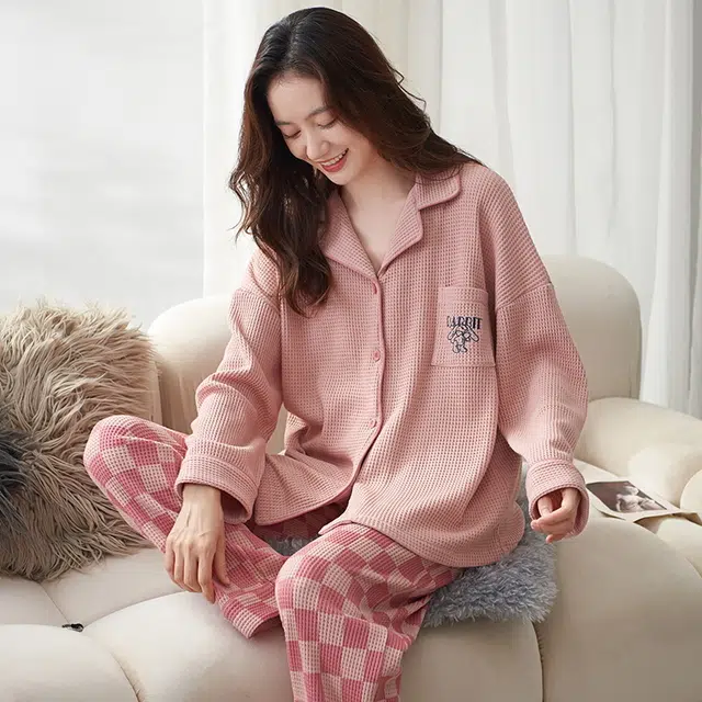眠趣 可外穿睡衣女秋冬季棉质华夫格长袖韩版学生可爱卡通简约女士家居服 情侣睡衣男女家居套装 情侣款