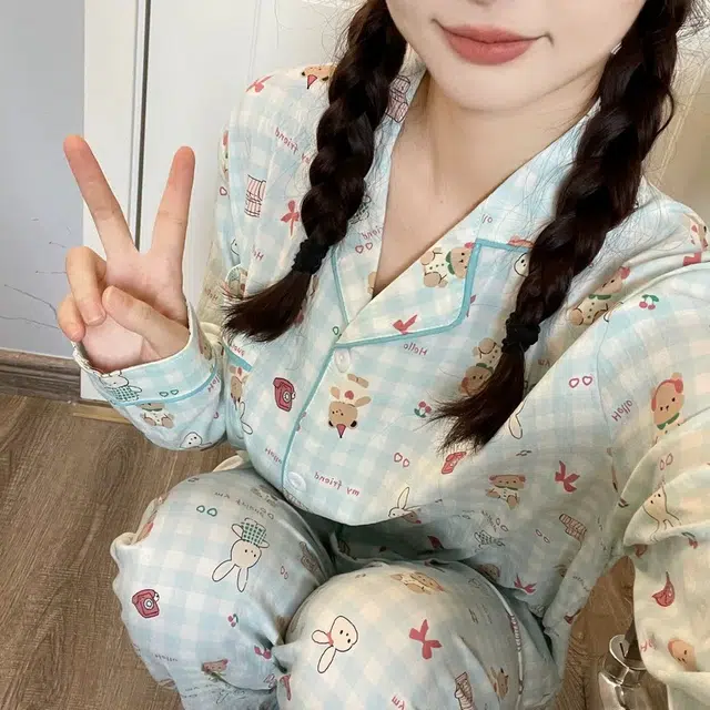 眠趣 云朵棉卡通可爱小动物满印日系休闲简约舒适透气 长袖长裤开衫翻领 家居服甜妹日系学生宿舍居家 可外穿 睡衣套装 女款 绿色