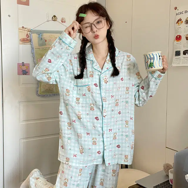 眠趣 云朵棉卡通可爱小动物满印日系休闲简约舒适透气 长袖长裤开衫翻领 家居服甜妹日系学生宿舍居家 可外穿 睡衣套装 女款 绿色