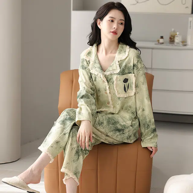 眠趣 家居服小清新碎花复古印染蕾丝可外穿长袖长裤睡衣套装学生宿舍居家睡衣 女款 绿色春秋款