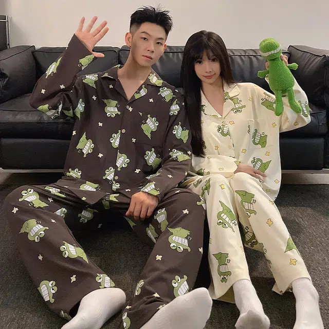 眠趣 创意卡通可爱简约休闲随性 长袖长裤开衫翻领 家居服 高级时尚韩版宽松大码 学生宿舍居家 可外穿 睡衣套装  男款 黑色