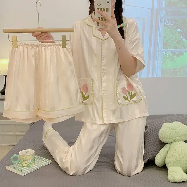 眠趣 冰丝凉感裸感简约可外穿短袖亲肤舒适透气可外穿短袖短裤长裤 三件套学生宿舍居家睡衣套装 女款 郁金香黄色