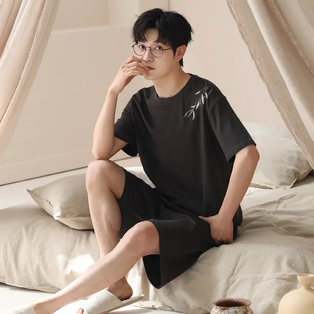 眠趣 中国风简约时尚大气短袖五分睡衣套装 男款 黑色