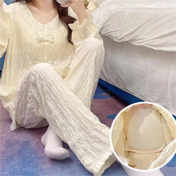 眠趣 简约舒适长袖长裤睡衣套装 女款 杏色