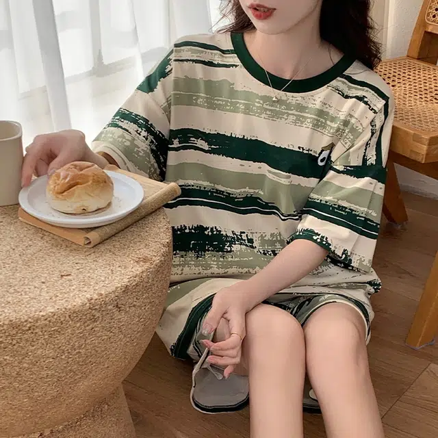 眠趣 薄款夏天 亲肤透气 圆领短袖短裤 条纹小清新可爱日系 可外穿学生宿舍 居家睡衣套装 女款 绿色