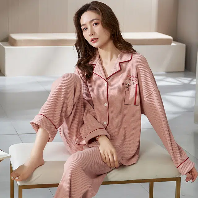 眠趣 可外穿睡衣女秋冬季棉质华夫格长袖韩版学生可爱卡通简约时尚高级风睡衣套装 男女同款