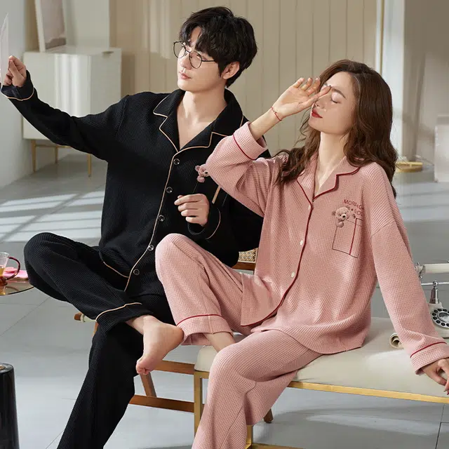 眠趣 可外穿睡衣女秋冬季棉质华夫格长袖韩版学生可爱卡通简约时尚高级风睡衣套装 男女同款
