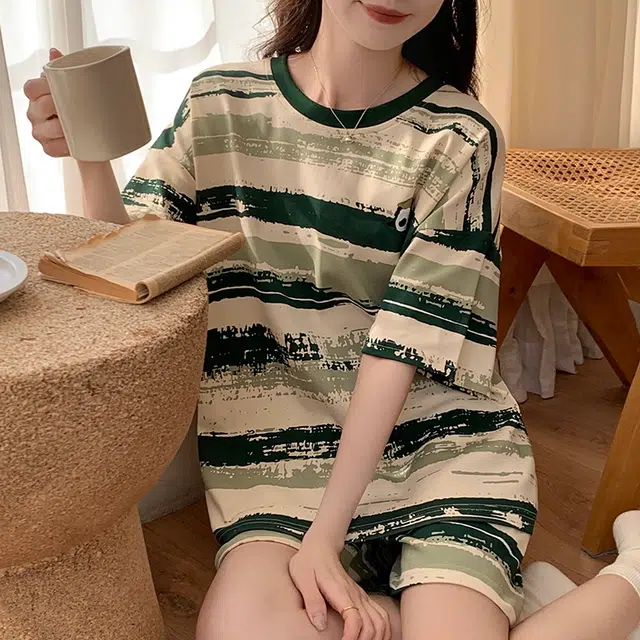 眠趣 薄款夏天 亲肤透气 圆领短袖短裤 条纹小清新可爱日系 可外穿学生宿舍 居家睡衣套装 女款 绿色