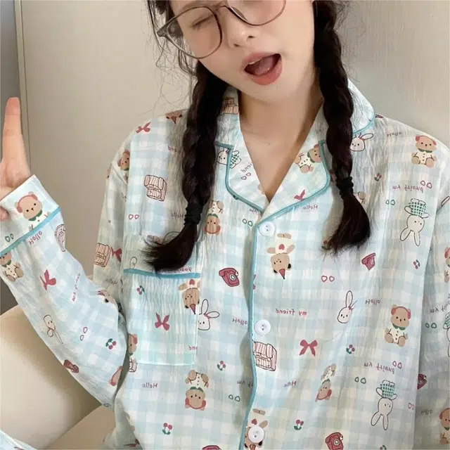 眠趣 云朵棉卡通可爱小动物满印日系休闲简约舒适透气 长袖长裤开衫翻领 家居服甜妹日系学生宿舍居家 可外穿 睡衣套装 女款 绿色