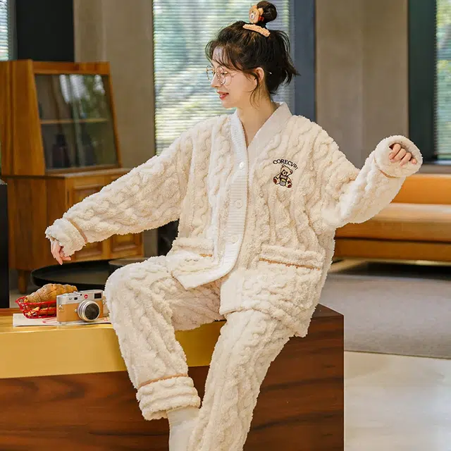 眠趣 睡衣可外穿简约时尚可爱亲肤舒适柔软 情侣睡衣家居服 长袖套装 加绒加厚舒适保暖家居服 家居套装  学生男女秋冬