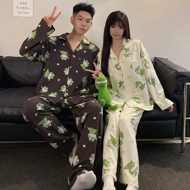 眠趣 创意卡通可爱简约休闲随性 长袖长裤开衫翻领 家居服 高级时尚韩版宽松大码 学生宿舍居家 可外穿 睡衣套装  男款 黑色