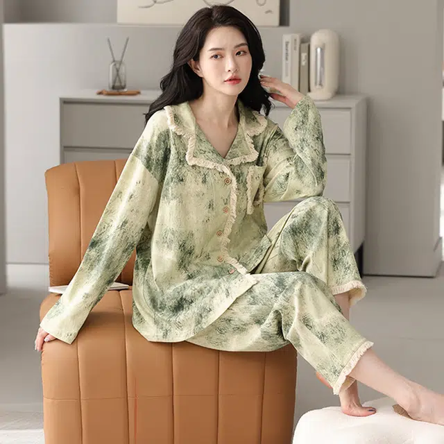 眠趣 家居服小清新碎花复古印染蕾丝可外穿长袖长裤睡衣套装学生宿舍居家睡衣 女款 绿色春秋款