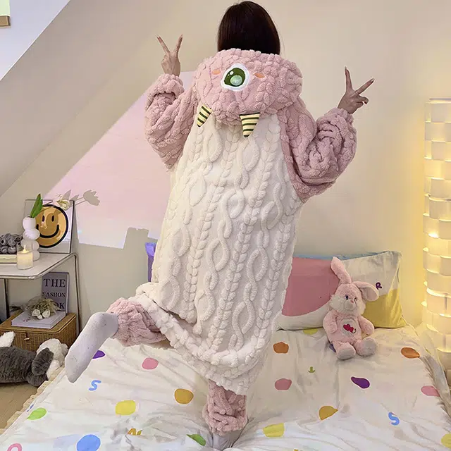 眠趣 家居服睡衣女士 家居套装 睡袍可外穿 加绒加厚保暖舒适 颜值高 甜美可爱小怪兽 居家学生女女款 睡衣睡袍