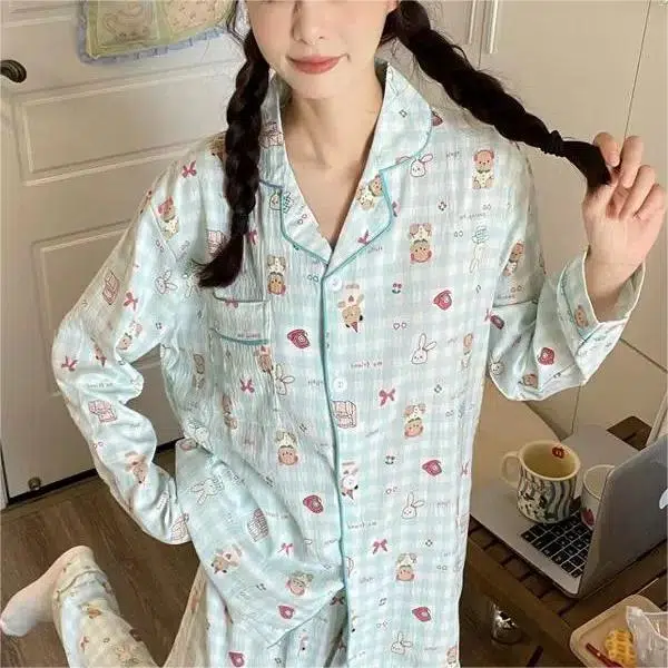 眠趣 云朵棉卡通可爱小动物满印日系休闲简约舒适透气 长袖长裤开衫翻领 家居服甜妹日系学生宿舍居家 可外穿 睡衣套装 女款 绿色