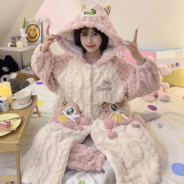 眠趣 家居服睡衣女士 家居套装 睡袍可外穿 加绒加厚保暖舒适 颜值高 甜美可爱小怪兽 居家学生女女款 睡衣睡袍
