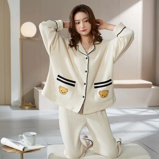 眠趣 可外穿睡衣女秋冬季棉质华夫格长袖韩版学生可爱卡通简约时尚女士家居服 家居套装  情侣款