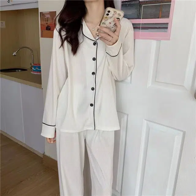 眠趣 时尚简约大方高级感睡衣套装长袖长裤开衫家居服学生宿舍居家可外穿 女款 白色
