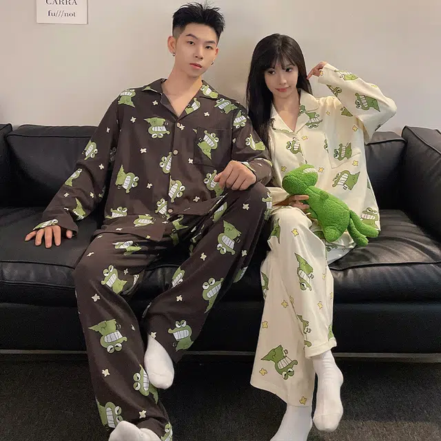 眠趣 创意卡通可爱简约休闲随性 长袖长裤开衫翻领 家居服 高级时尚韩版宽松大码 学生宿舍居家 可外穿 睡衣套装  男款 黑色