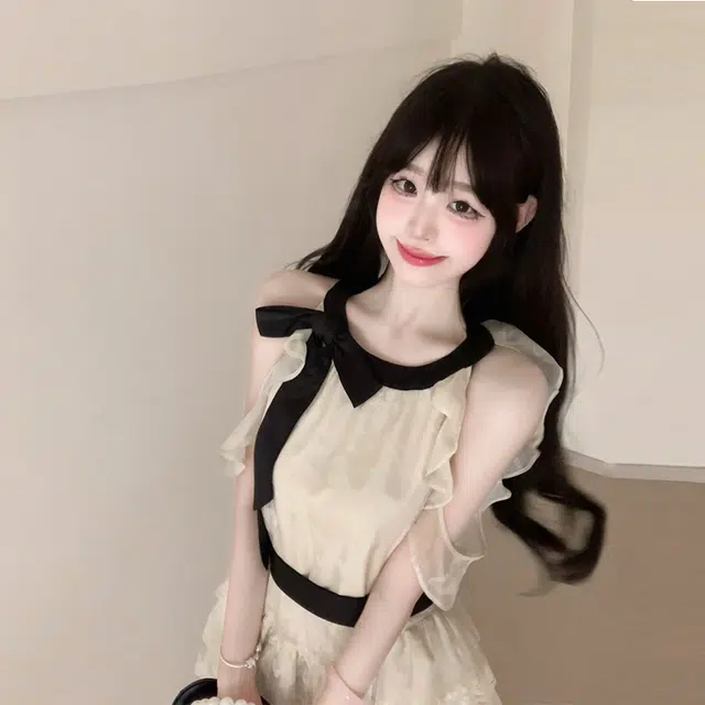 困住大象 纯爱千金风蕾丝收腰蓬蓬裙 复古大裙摆纯色薄款短款无袖连衣裙款式 女款 月光杏色单品